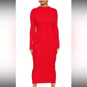 Naked Wardrobe Red Mock Neck Bodycon Dress